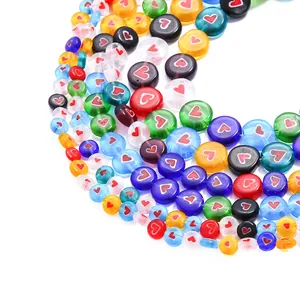 Colorful flat round Millefiori lampwork glass heart beads for DIY necklace jewelry making