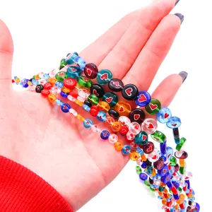 Handcrafted colorful heart pattern flat round Millefiori glass beads for DIY jewelry