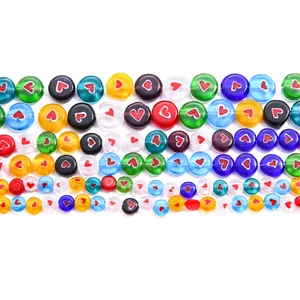 Mixed color flat round millefiori glass beads with red heart patterns for DIY jewelry