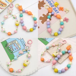 Colorful acrylic beaded mobile phone strap with cute bow and hat charms handmade