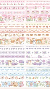 Detail view of cute cartoon washi tape patterns with floral and animal motifs for DIY journaling.