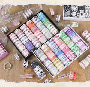 Detailed view of 60-roll colorful washi tape set with various patterns for journaling
