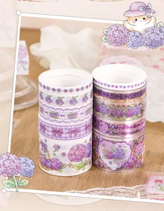 Close-up of purple hydrangea washi tape set for scrapbooking and DIY journals.