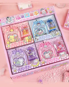 Detail view of cute cartoon lucky bag pocket notebook set with various animal designs.