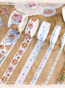 Detailed view of the cute cartoon washi tape set featuring bear and floral patterns