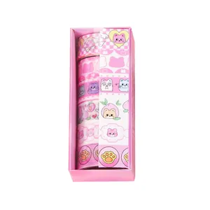 Coffret cadeau de ruban washi rose avec diverses illustrations de chats et animaux