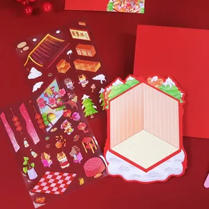 3D miniature scene DIY sticker set for New Year journal decoration with 2 sheets and 1 card
