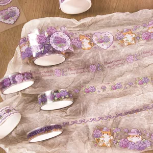 Decorative kawaii purple hydrangea cat washi tape set for DIY planner and journaling