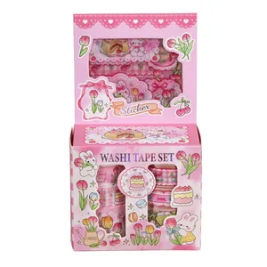 Cute pink cartoon washi tape and sticker gift set for DIY journaling and scrapbooking