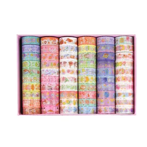 60 rolls of colorful cartoon washi tape set in a pink stationery gift box for journaling