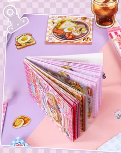 Close-up view of fanned-out food-themed sticker book featuring cute culinary illustrations.
