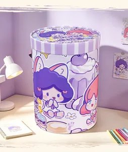 Detailed view of a purple stationery hug bucket with cute cartoon illustrations.