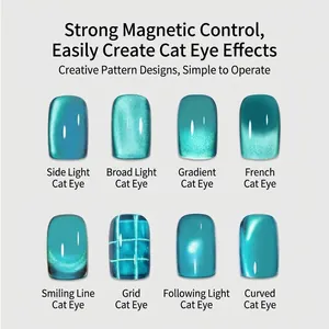 Set di strumenti magnetici per nail art con vari effetti occhio di gatto su unghie blu