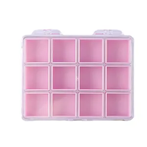 Premium pink 12-grid storage organizer box for nail art rhinestones and small jewelry