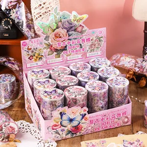 Watercolor Floral Butterfly PET Washi Tape Vintage Rose Glossy Ink Decorative Stickers For Scrapbooking DIY Journaling Art