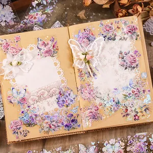 Watercolor floral and butterfly PET tape stickers for scrapbooking and journal decoration