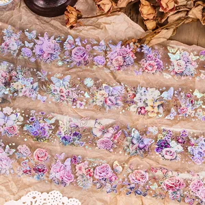 Watercolor floral and butterfly PET tape with glossy finish for journal crafts