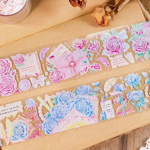 Watercolor floral PET tape with rose and butterfly motifs for decorative scrapbooking