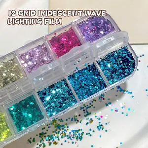 12-grids doos met 1 mm kleurrijke mini ronde nail art glitter pailletten decoratie
