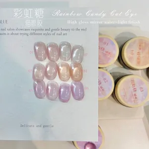 Professional rainbow cat-eye nail gel swatches with a high-gloss mirror finish