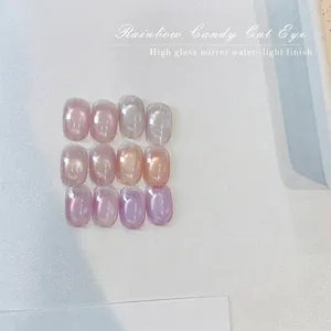 Glossy rainbow candy cat-eye press-on nails with a high-shine mirror water-light finish