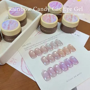 Rainbow Candy Cat Eye nail gel set with high-gloss pearlescent press-on nail tips