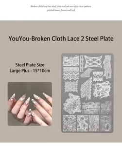 Detailed macro view of nail art stamping plate with intricate lace and distressed patterns