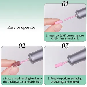 3-step guide to installing pink mini nail sanding bands on a 3/32 inch drill bit mandrel.