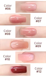 Six shades of ice-translucent nude gel polish applied to fingernails