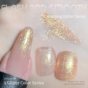 High-density golden glitter nail gel polish applied on nails and skin for a sparkling finish