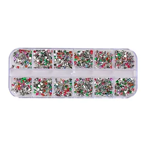 12-grid assorted colorful flat-back resin rhinestones for professional nail art decoration