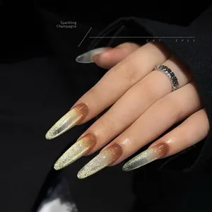 Glinsterende champagne goud kattenoog nagellak met hoogglans kristal magnetisch effect
