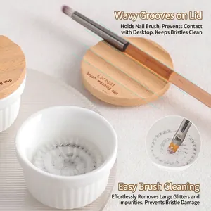 Multifunctional ceramic nail art brush washing cup with wooden lid and spiral mesh filter