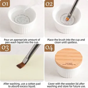 Ceramic brush washing cup with spiral mesh and wooden lid for professional nail art tools