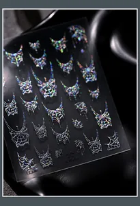 Detailopname van holografische laser spinnenweb nagelstickers voor Halloween.