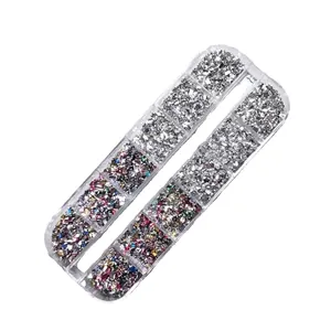 Lot de deux boîtes de 12 compartiments avec mini strass pour ongles argentés et colorés