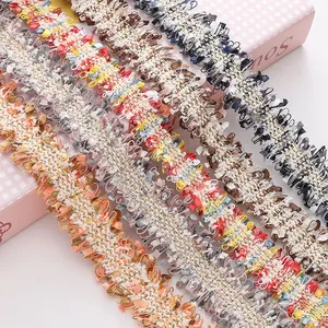Colorful tweed style polyester lace trim for DIY garment accessories and hat decoration.