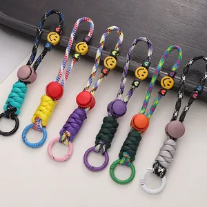 Candy Color Polyester Braided Rope Keychain Smile Face Heart Block Bag Charm Pendant DIY Handwoven Accessories Gifts
