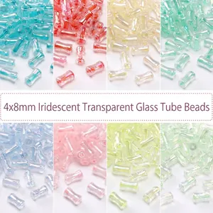 Iridescent Transparent Glass Bamboo Beads Bugle Beads For DIY Jewelry Making Colorful Glass Spacers For Bracelet Necklace Crafts Accessories