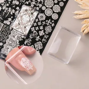 Professional clear square silicone nail stamper with engraving plate for DIY manicure art