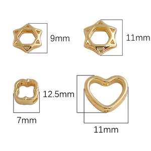 Gold-plated hollow hexagram heart and plum blossom spacer beads for DIY jewelry with size labels.