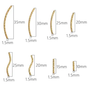 Dimensions for 14K gold plated textured brass tubes in curved, S-shaped, and straight styles