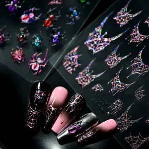Halloween 3D Reliëf Laser Spinnenweb Nagelstickers Gothiek Bronzen Holografische Spinnenweb Nail Art Decals Voor Feest