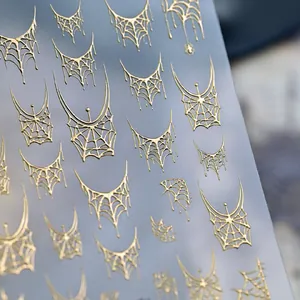 Premium 3D gouden reliëf spinnenweb nagelstickers voor Halloween manicure decoratie