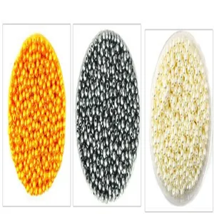 Detailed view of high-gloss ABS imitation pearl round beads in gold, silver, and cream white