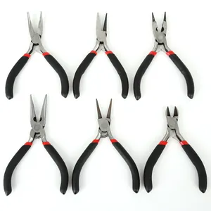 Detailed view of 6-piece jewelry making pliers set with various functional heads.