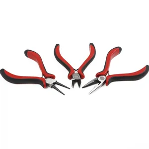 Three-piece jewelry pliers set including round, needle, and diagonal nose tools.