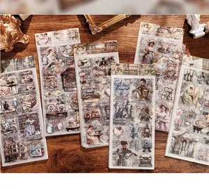 Detailed display of six vintage-style PET transfer stickers for journaling on wood