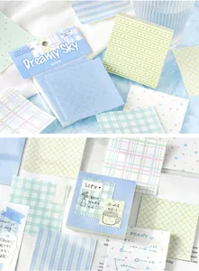 Detail view of NOTE FOR Dreamy Sky memo pads with various pastel patterns and usage samples.