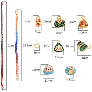 Detailed dimension measurements of enamel Zongzi charms and colorful cords for DIY jewelry